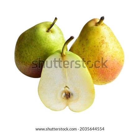 Fresh pears fruit isolated with clipping path in white background, no shadow, half, pieces, slices