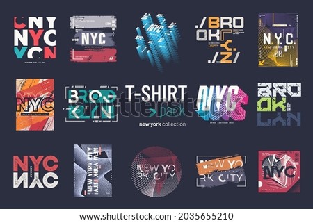 Collection of fourteen vector New york city t-shirt designs, prints, illustrations.