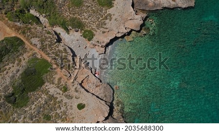 Aerial drone top down photo of small cove and beach near Monemvasia in the heart of Lakonia, Peloponnese, Greece