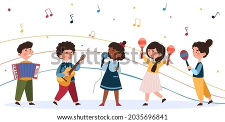 Children sing and play musical instruments. Little musicians rehearse song. Guitar, maracas, drums, microphone. Melody, music, audio. Cartoon flat vector illustrations isolated on white background