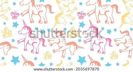 Seamless pattern with children's doodles of unicorns and stars, delicate pastel colors