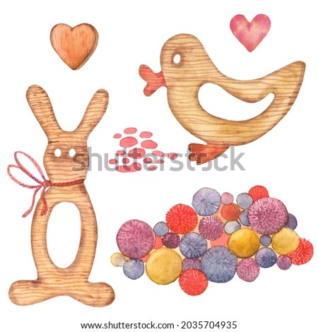 Watercolor wooden baby toys clipart. rattles, star, heart, bird, children, hare, rabbit. Nursery Hand-drawn Art Decor. Baby boy. Baby girl. Set aquarelle Illustrations Isolated on white background.
