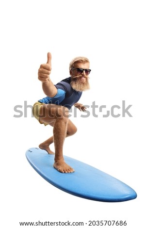 Bearded young man surfing and showing thumbs up isolated on white background Royalty-Free Stock Photo #2035707686