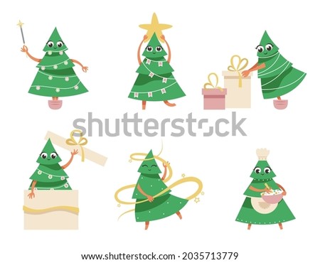 Christmas tree in different poses. Anthropomorphic character in cartoon style