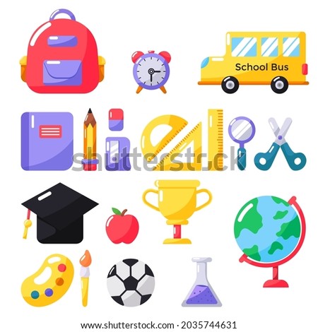 a set of collection of school equipment or items. flat design illustration