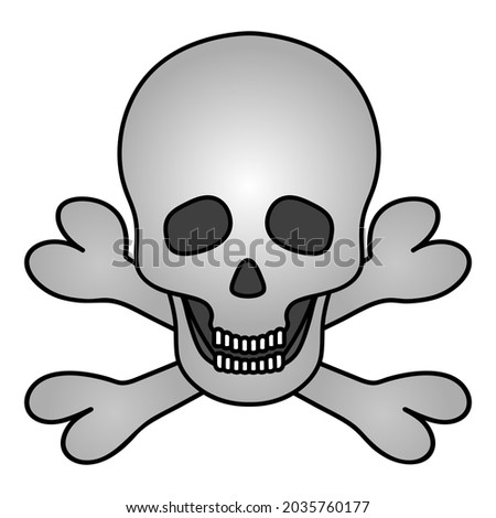 Skull and crossbones. Colored vector illustration. Pirate symbol. Jaw with straight teeth. Hollows instead of eyes and nose. An integral part of the skeleton. Isolated white background. Cartoon style.
