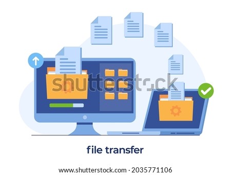 file transfer concept, backup data, document save on storage, technology cloud, upload and download, flat illustration vector template Royalty-Free Stock Photo #2035771106