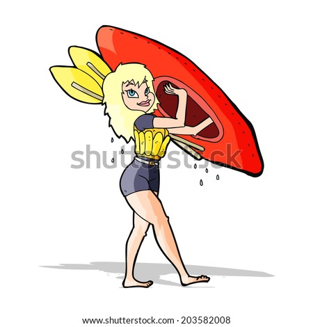 cartoon woman carrying canoe