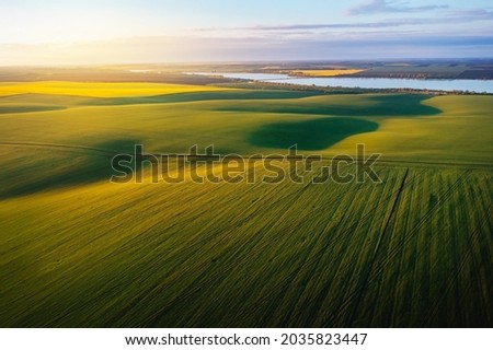 Picturesque summer scene of a rolling hills of agricultural area from a bird's eye view. Top view, aerial photography. Vibrant photo wallpaper. Location place Ukraine, Europe. Beauty of earth.