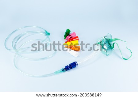 The venturi mask, also known as an air-entrainment mask, is a medical device to deliver a known oxygen concentration to patients on controlled oxygen therapy Royalty-Free Stock Photo #203588149
