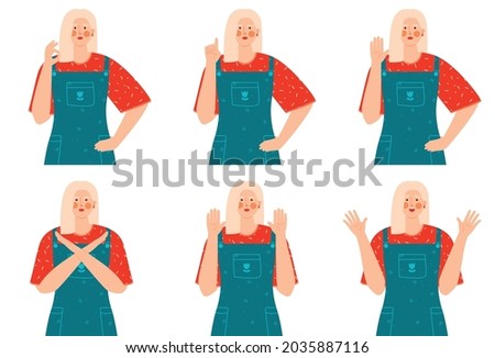 Young stylish women shows hand gestures. Set of various human hands gestures. Woman show stop gesture, ok gesture. Vector flat illustration. Royalty-Free Stock Photo #2035887116