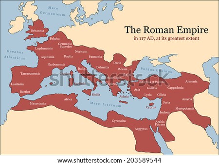 The Roman Empire at its greatest extent in 117 AD at the time of Trajan, plus principal provinces. Vector illustration. Royalty-Free Stock Photo #203589544