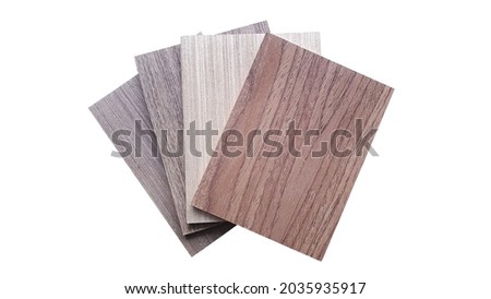 samples of veneer wooden series consists of oak, douglas fir, ash, walnut texture isolated on white background with clipping path. wooden laminated samples swatch for selection. Royalty-Free Stock Photo #2035935917