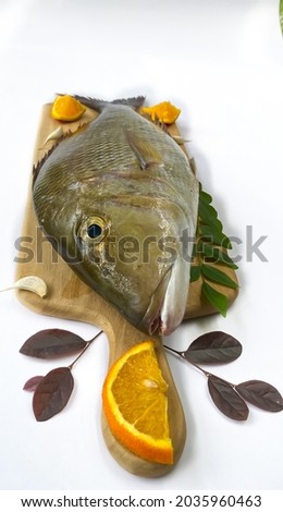 Fresh Emperor Fish decorated with herbs and vegetables on a wooden pad.White Background Royalty-Free Stock Photo #2035960463