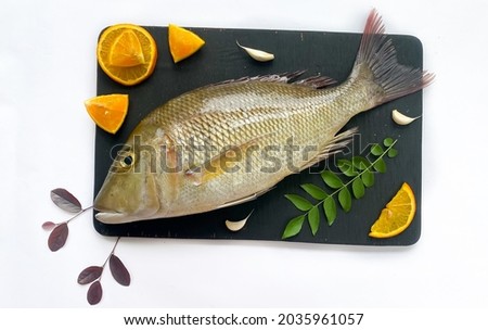 Fresh Emperor Fish decorated with herbs and vegetables on a black pad.White Background Royalty-Free Stock Photo #2035961057