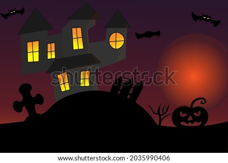 Background for Halloween. An old house at sunset with a cemetery, a pumpkin and bats