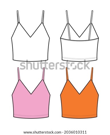 Woman top in vector graphic.
Super slim sleeveless crop top with v neck and straps. Fashion isolated illustration template.Scheme front and back views.