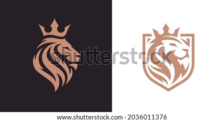 Royal king lion crown symbols. Elegant gold Leo animal logo. Premium luxury brand identity icon. Vector illustration. Royalty-Free Stock Photo #2036011376