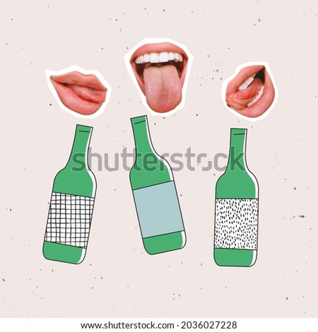 Time off work. Contemporary art collage, modern design. Festival mood. Concept of idea, inspiration, creativity, art. Party time fun mood. Female open mouths above bottles of beer, wine.