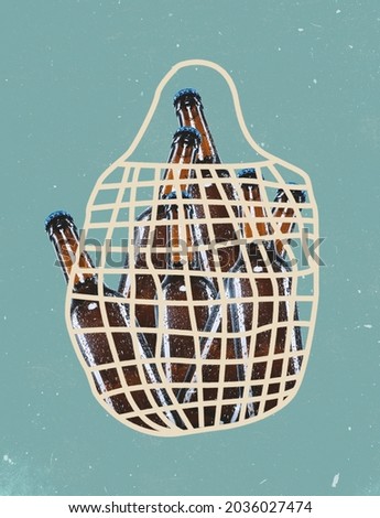 Going to shopping. Contemporary art collage, modern design. Retro, minimalism style. String bag with beer bottles isolated on blue background. Concept of vacations, sales, ad, holidays