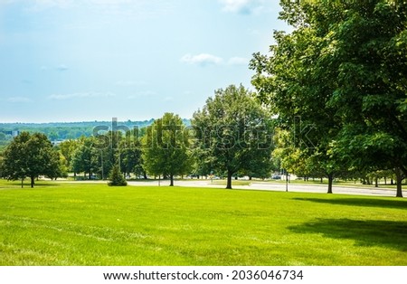 Scenic green landscape, public outdoor park for leisure and picnic in summer. Greenery environment, lush field, trees and light blue sky. Recreation, relaxation place with nature. Depth of field.