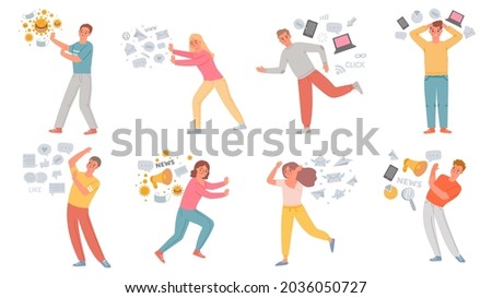 Information stress. Anxiety people running from data overload, propaganda, internet social media, fake news and pandemic panic,  set. Illustration anxiety information, problem and stress