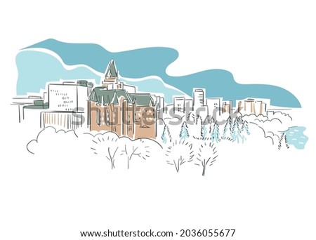 Saskatoon Saskatchewan Canada vector sketch city illustration line art colorful watercolor style