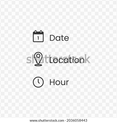 Date, Location, hour, Vector illustration of lines in dark color and transparent background(png) Royalty-Free Stock Photo #2036058443