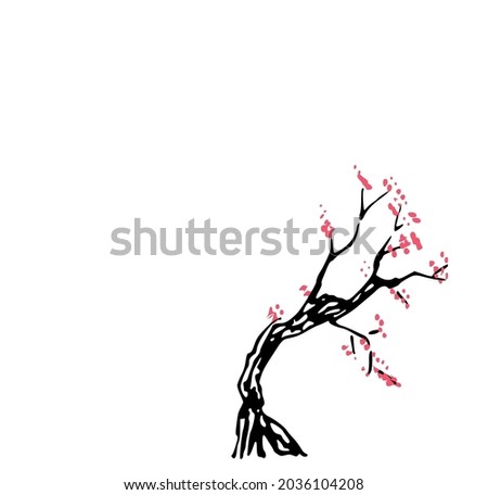 Cherry blossoms in bloom isolated on white background. Black wood and red flowers drawn with a marker pen. Spring or autumn wallpaper design vector.