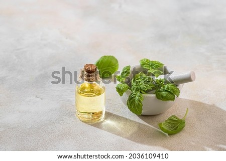 Transparent bottle of basil essential oil, fresh basil leaves in a ceramic mortar with a pestle on a light concrete background. Alternative herbal medicine and aromatherapy concept. Selective focus