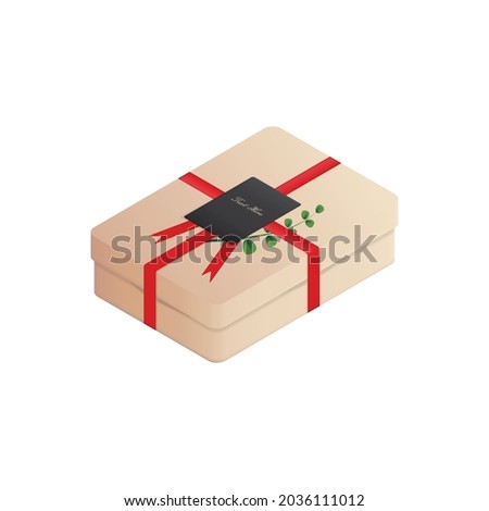 Decorative gift box with red bow, leaf and greeting card. isolated on white. Holiday and new year decorations.