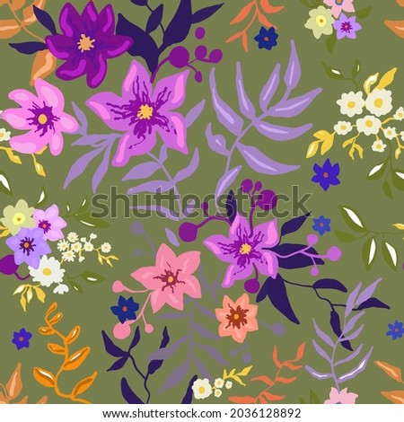 Tropical floral pattern. Colorful graphic floral vector seamless pattern on a green background. Stylized hand-painted garden lily and exotic flower texture. Fashionable foliage print. Vector