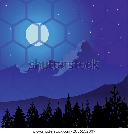 background with hexagons. landscape with mountains. night landscape with mountains