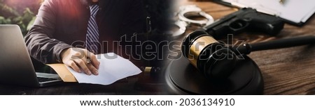 Business and lawyers discussing contract papers with brass scale on desk in office. Law, legal services, advice, justice and law concept picture with film grain effect

