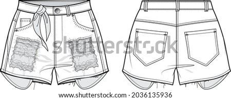 Women ripped denim short pant jeans front and back view flat sketch vector illustration Royalty-Free Stock Photo #2036135936
