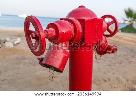 Close-up of a red fire hydrant in the desert. Sand and sea. Beach and palm trees