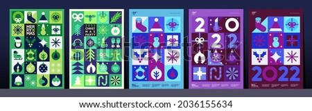 Christmas and Happy New Year. Trendy Style. Simple backgrounds. Set of vector illustrations. Geometric patterns and elements.  