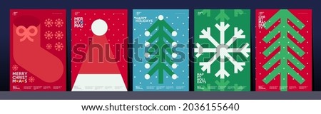 Christmas and Happy New Year. Winter Holiday. Trendy Style. Simple flat illustrations. Set of vector postcards. 