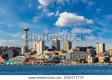 Panoramic view of Seattle cityscape at Elliott Bay in a sunny day, Washington, USA Royalty-Free Stock Photo #2036171774