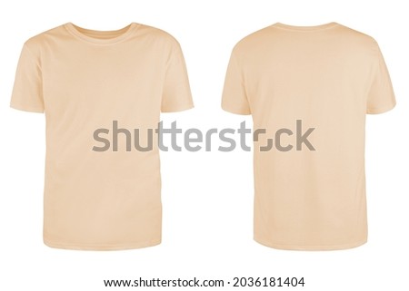 Men's beige blank T-shirt template,from two sides, natural shape on invisible mannequin, for your design mockup for print, isolated on white background.
