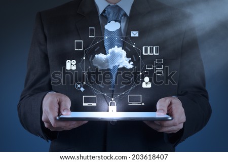 Businessman hand working with a Cloud Computing diagram on the new computer interface as concept Royalty-Free Stock Photo #203618407