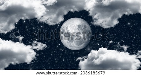 The full moon and stars shining through the clouds in the night sky. night picture for stretch ceiling