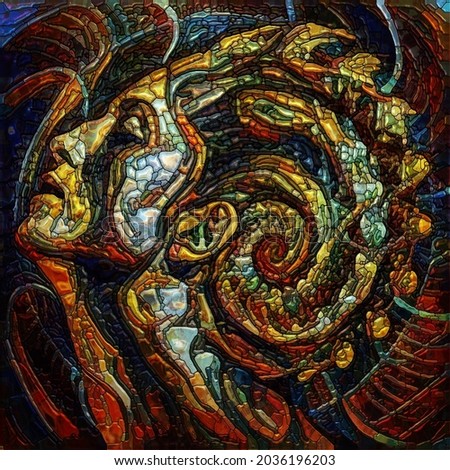 Inner Dreams series. Elements of a spiral and a female face colored and arranged into stained glass pattern on subject of spiritual reality, human drama, and artistic design.
