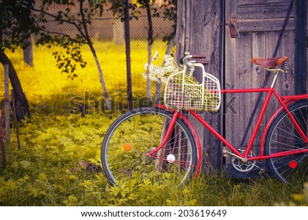 Summer background with beautiful vintage landscape and Bicycle at sunset/ toned image