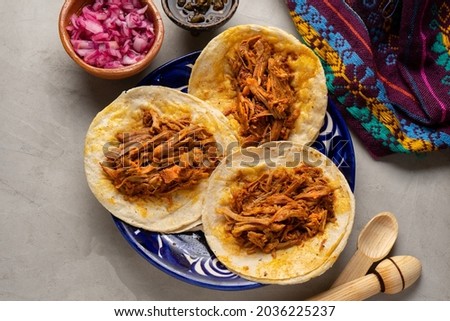 Traditional mexican food. Pork tacos called Cochinita pibil on grey background