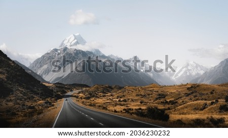 Beautiful view of a road leading to Mount Cook, New Zealand Royalty-Free Stock Photo #2036230232
