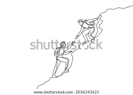 Single one line drawing two men hiker helping each other on top of mountain. Teamwork hiking help each other trust assistance. Achievement goal concept. Continuous line draw design vector illustration Royalty-Free Stock Photo #2036243621