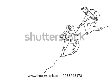 Continuous one line drawing group of people man woman helping each other hike up a mountain. Business, success, leadership, achievement and goal concept. Single line draw design vector illustration