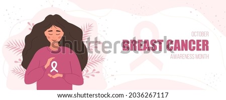 Breast cancer awareness month banner. Happy woman with ribbon. Annual international health campaign. Vector illustration in flat cartoon style.