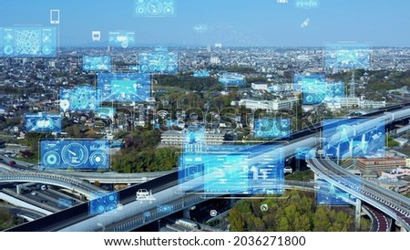 Modern highway and Data technology concept. Smart transportation. ITS (Intelligent Transport Systems). Mobility as a service. Royalty-Free Stock Photo #2036271800